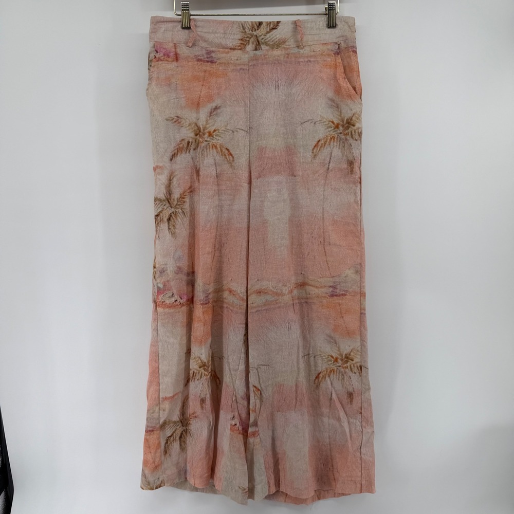 Rachel Zoe Pink Tropical Palm Tree Linen Blend Wide Leg Pants Medium